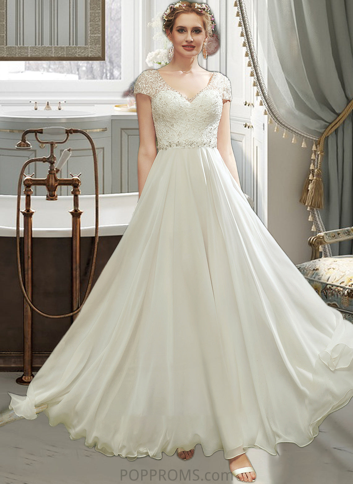 Kianna A-Line V-neck Floor-Length Wedding Dress With Lace Beading Sequins PP6P0013784