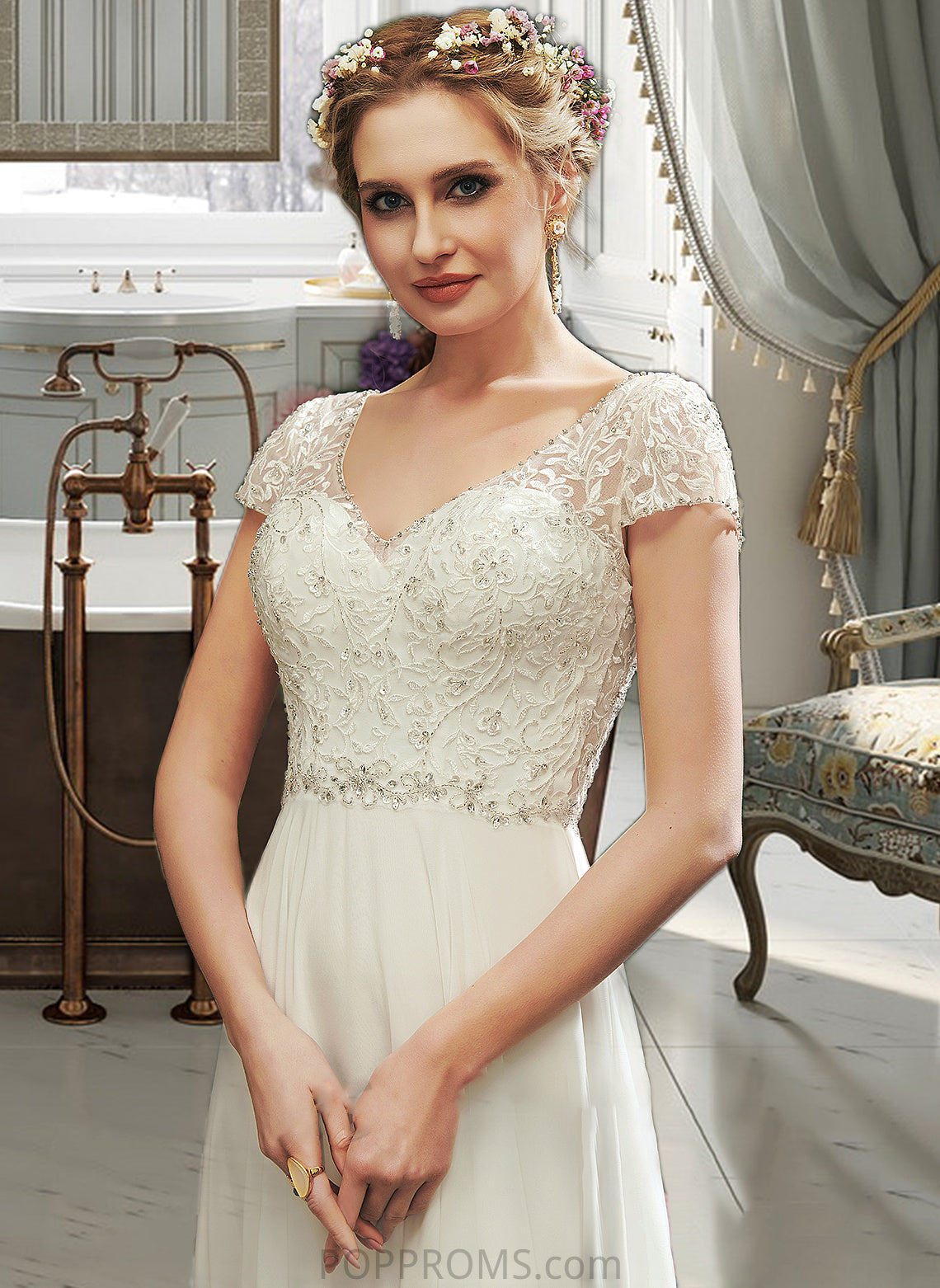 Kianna A-Line V-neck Floor-Length Wedding Dress With Lace Beading Sequins PP6P0013784