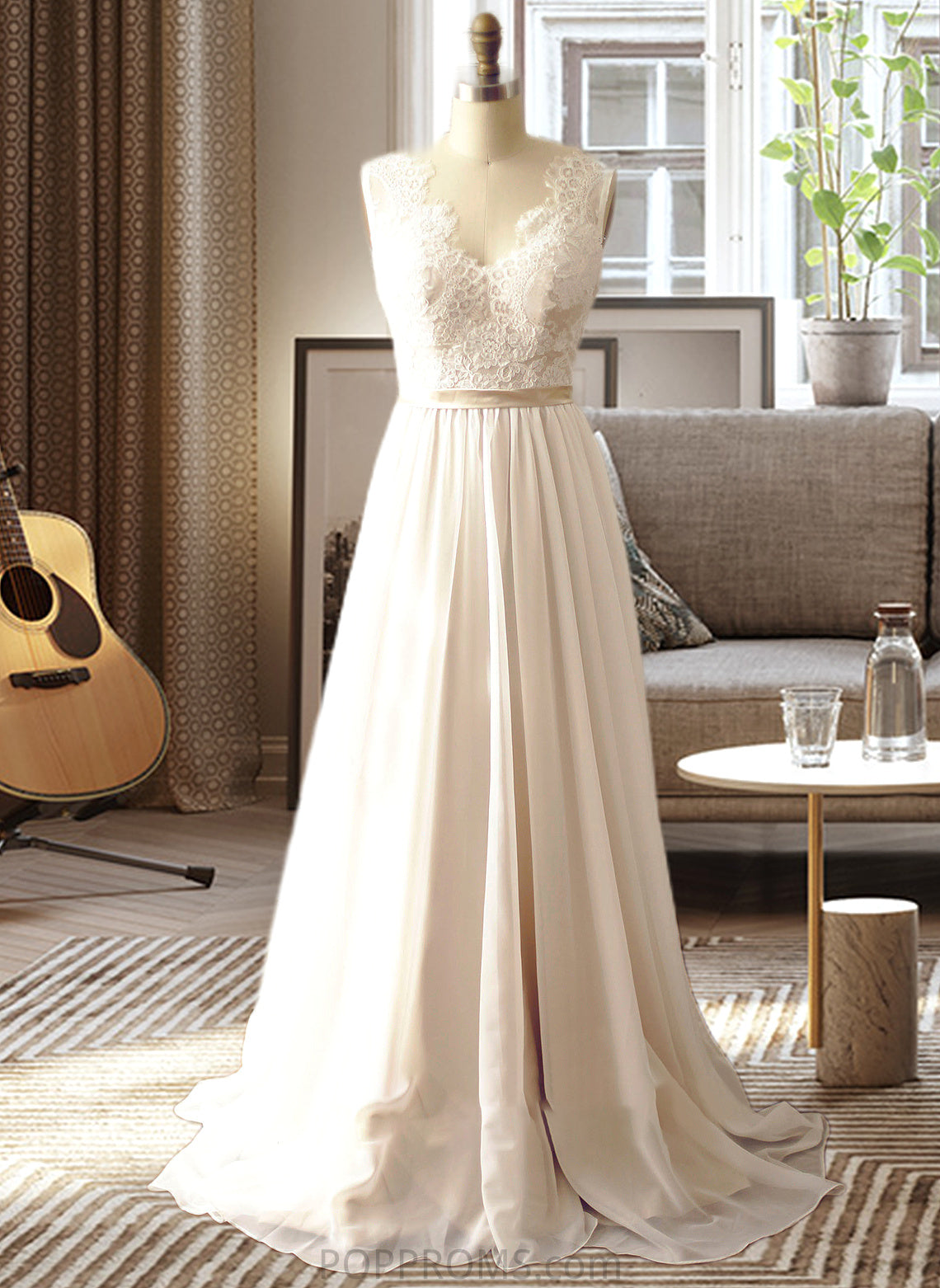 Shania A-Line V-neck Court Train Chiffon Wedding Dress PP6P0013785