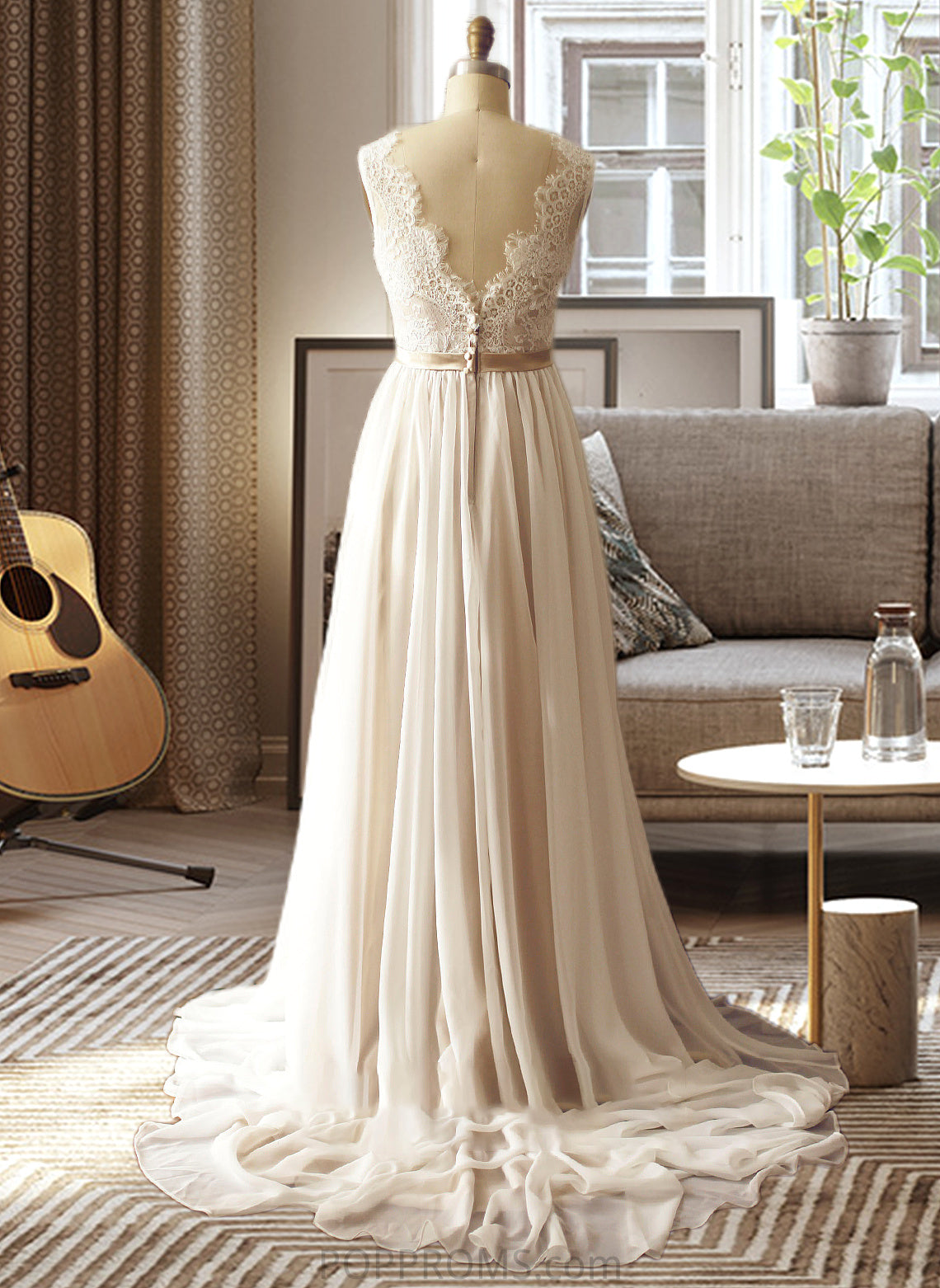 Shania A-Line V-neck Court Train Chiffon Wedding Dress PP6P0013785