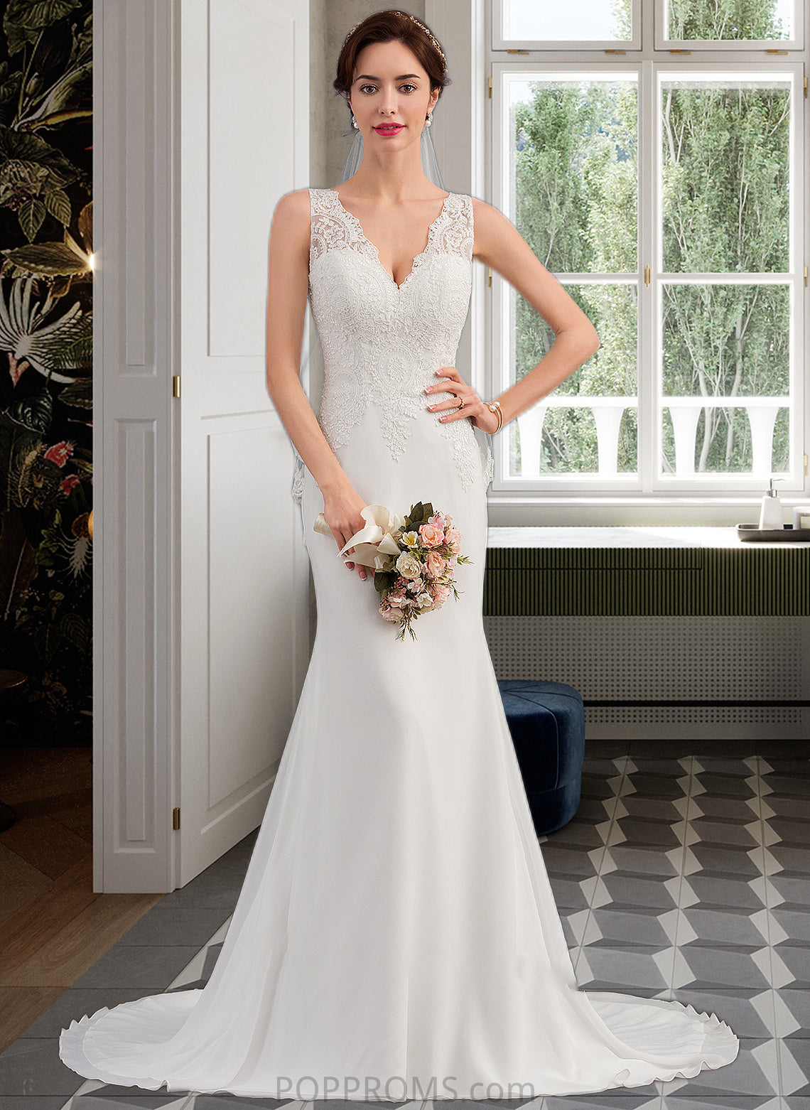 Nola Trumpet/Mermaid V-neck Court Train Chiffon Wedding Dress PP6P0013788