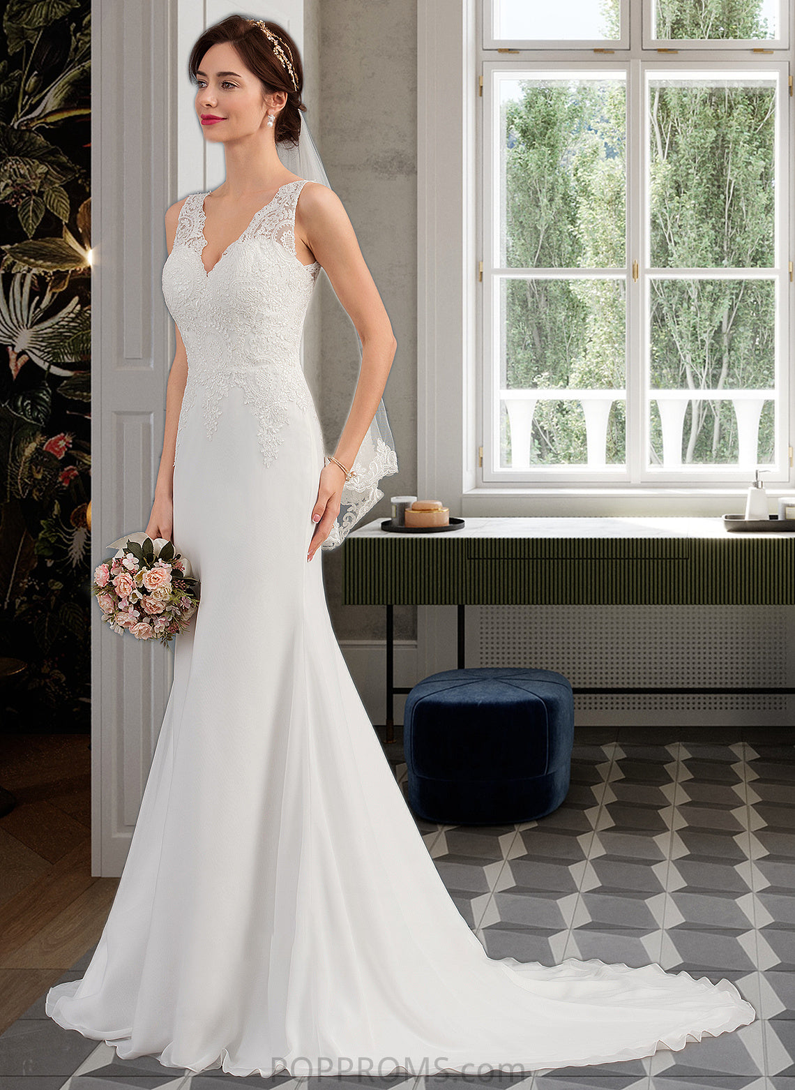 Nola Trumpet/Mermaid V-neck Court Train Chiffon Wedding Dress PP6P0013788