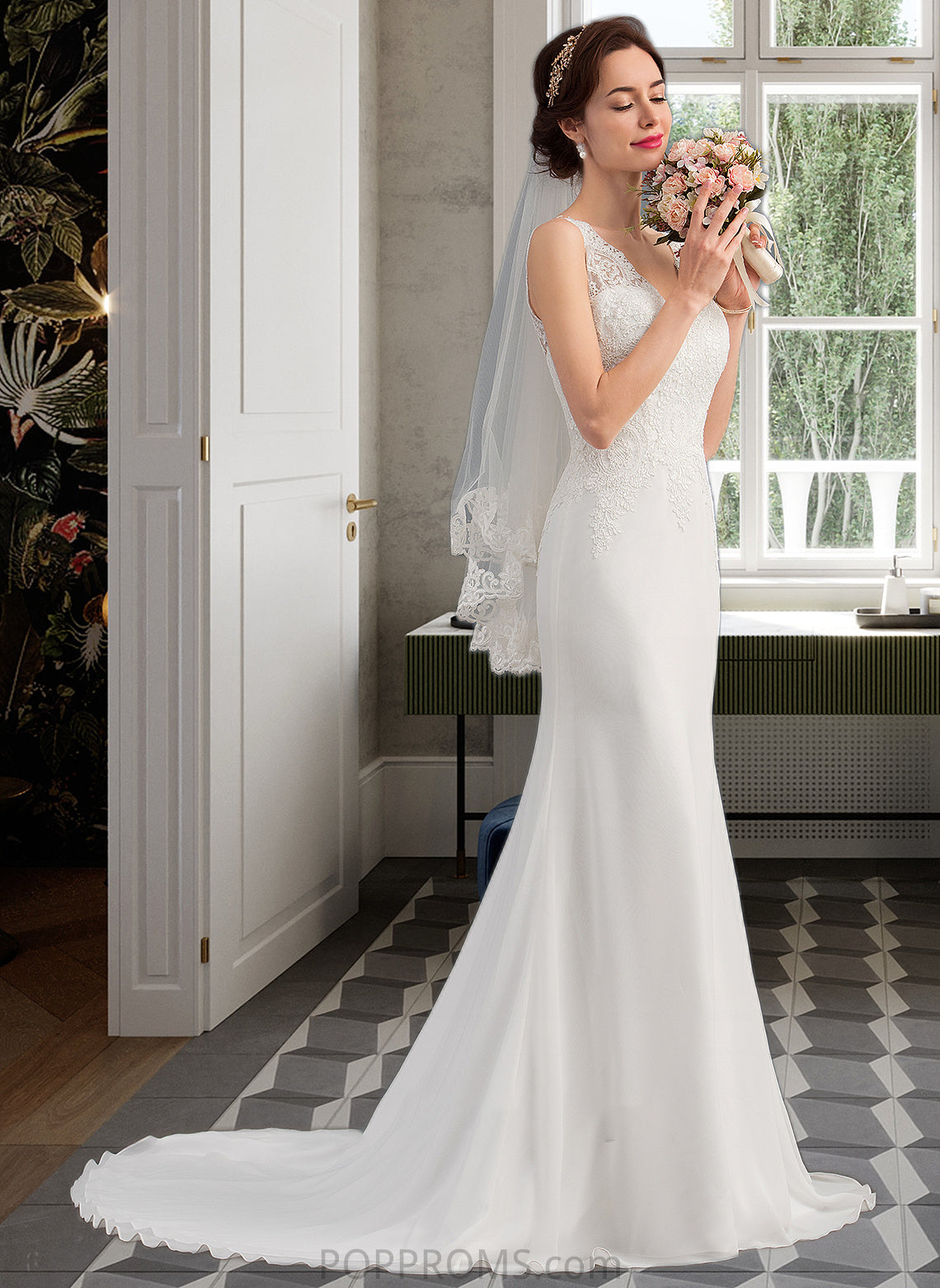 Nola Trumpet/Mermaid V-neck Court Train Chiffon Wedding Dress PP6P0013788