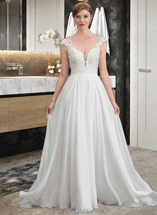 Ann A-Line V-neck Sweep Train Chiffon Wedding Dress With Beading Sequins PP6P0013792