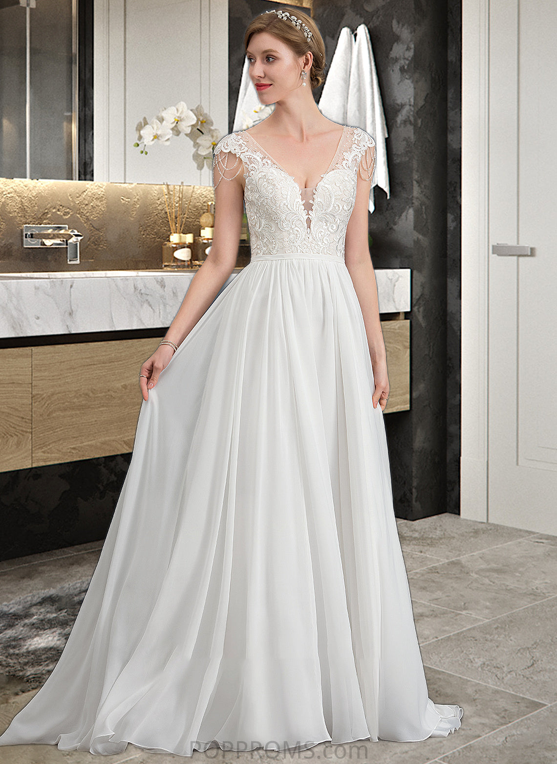 Ann A-Line V-neck Sweep Train Chiffon Wedding Dress With Beading Sequins PP6P0013792