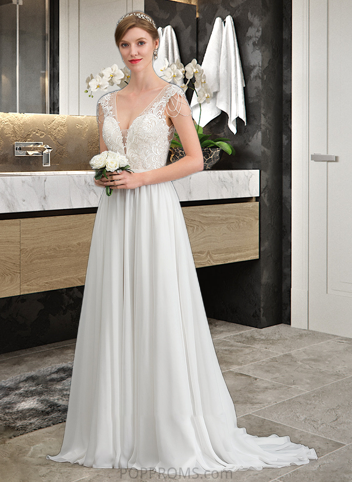 Ann A-Line V-neck Sweep Train Chiffon Wedding Dress With Beading Sequins PP6P0013792