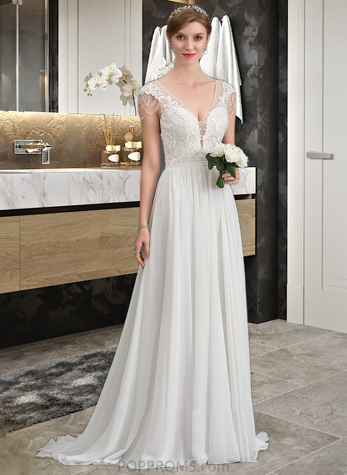 Ann A-Line V-neck Sweep Train Chiffon Wedding Dress With Beading Sequins PP6P0013792