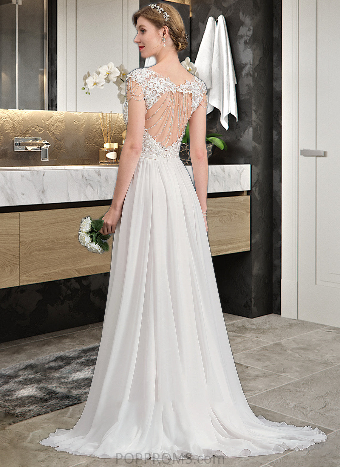 Ann A-Line V-neck Sweep Train Chiffon Wedding Dress With Beading Sequins PP6P0013792