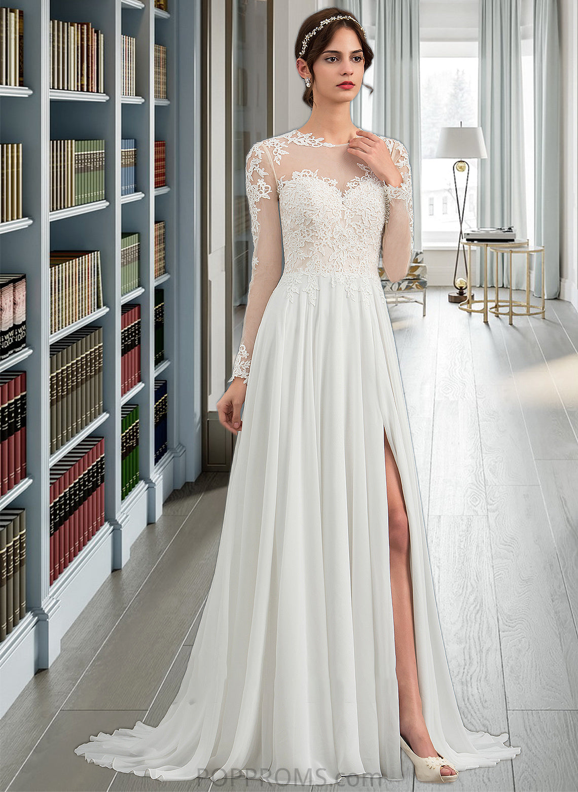 Lilah A-Line Illusion Sweep Train Chiffon Wedding Dress With Appliques Lace Split Front PP6P0013793