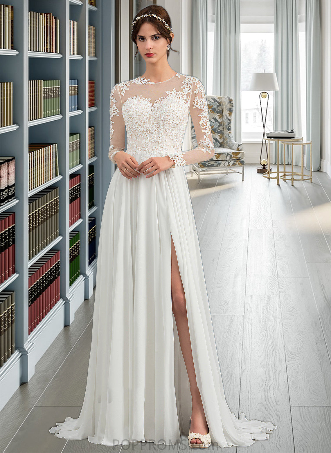 Lilah A-Line Illusion Sweep Train Chiffon Wedding Dress With Appliques Lace Split Front PP6P0013793