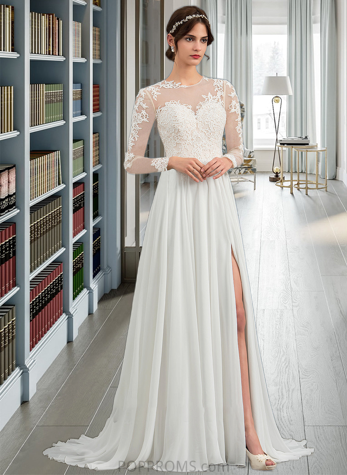 Lilah A-Line Illusion Sweep Train Chiffon Wedding Dress With Appliques Lace Split Front PP6P0013793