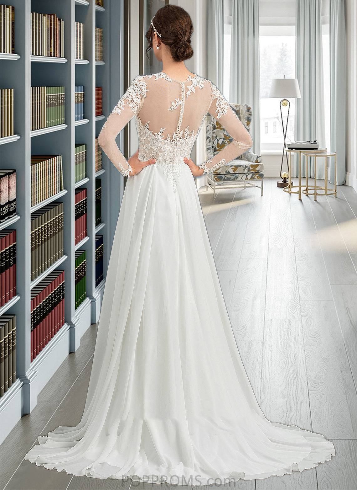 Lilah A-Line Illusion Sweep Train Chiffon Wedding Dress With Appliques Lace Split Front PP6P0013793