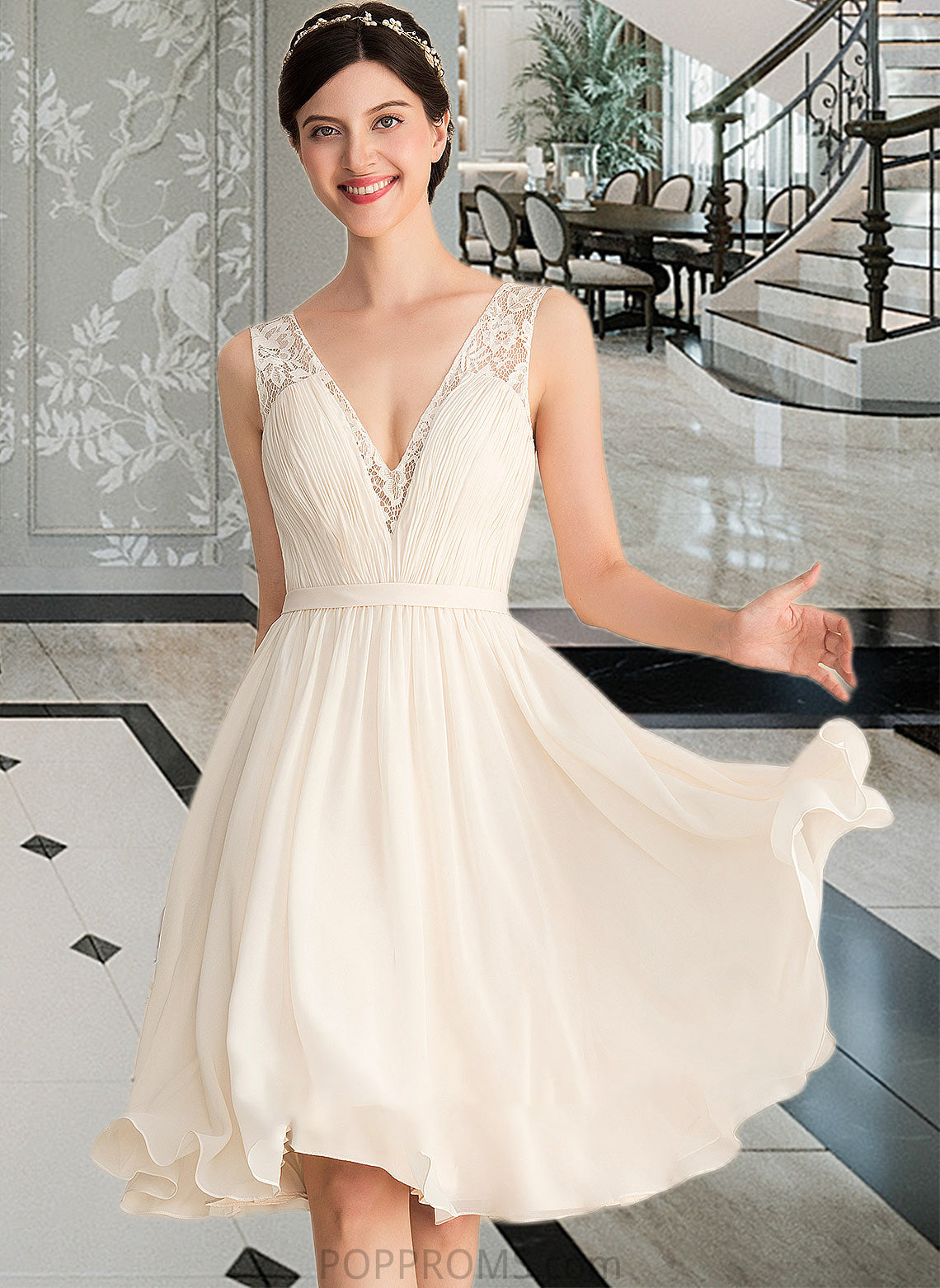 Rhoda A-Line V-neck Knee-Length Chiffon Lace Wedding Dress With Ruffle PP6P0013794