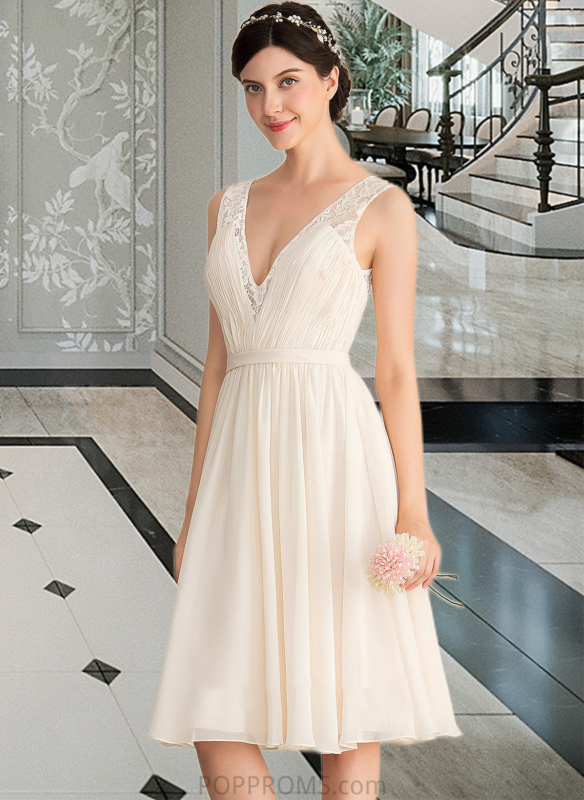 Rhoda A-Line V-neck Knee-Length Chiffon Lace Wedding Dress With Ruffle PP6P0013794