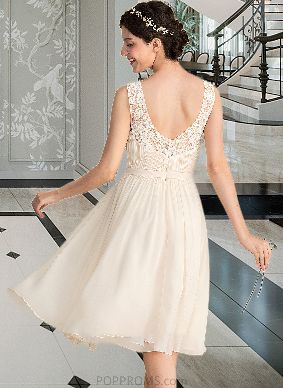 Rhoda A-Line V-neck Knee-Length Chiffon Lace Wedding Dress With Ruffle PP6P0013794