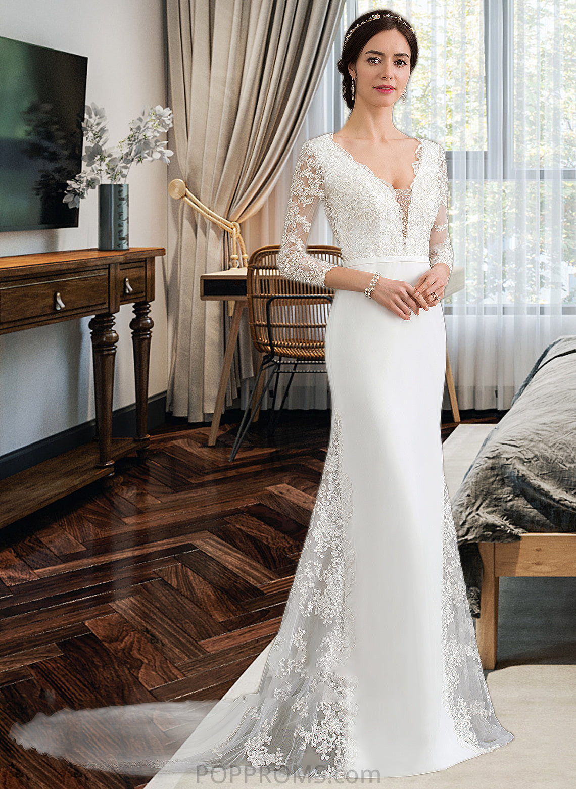 Mollie Trumpet/Mermaid V-neck Chapel Train Chiffon Wedding Dress With Beading Sequins PP6P0013795