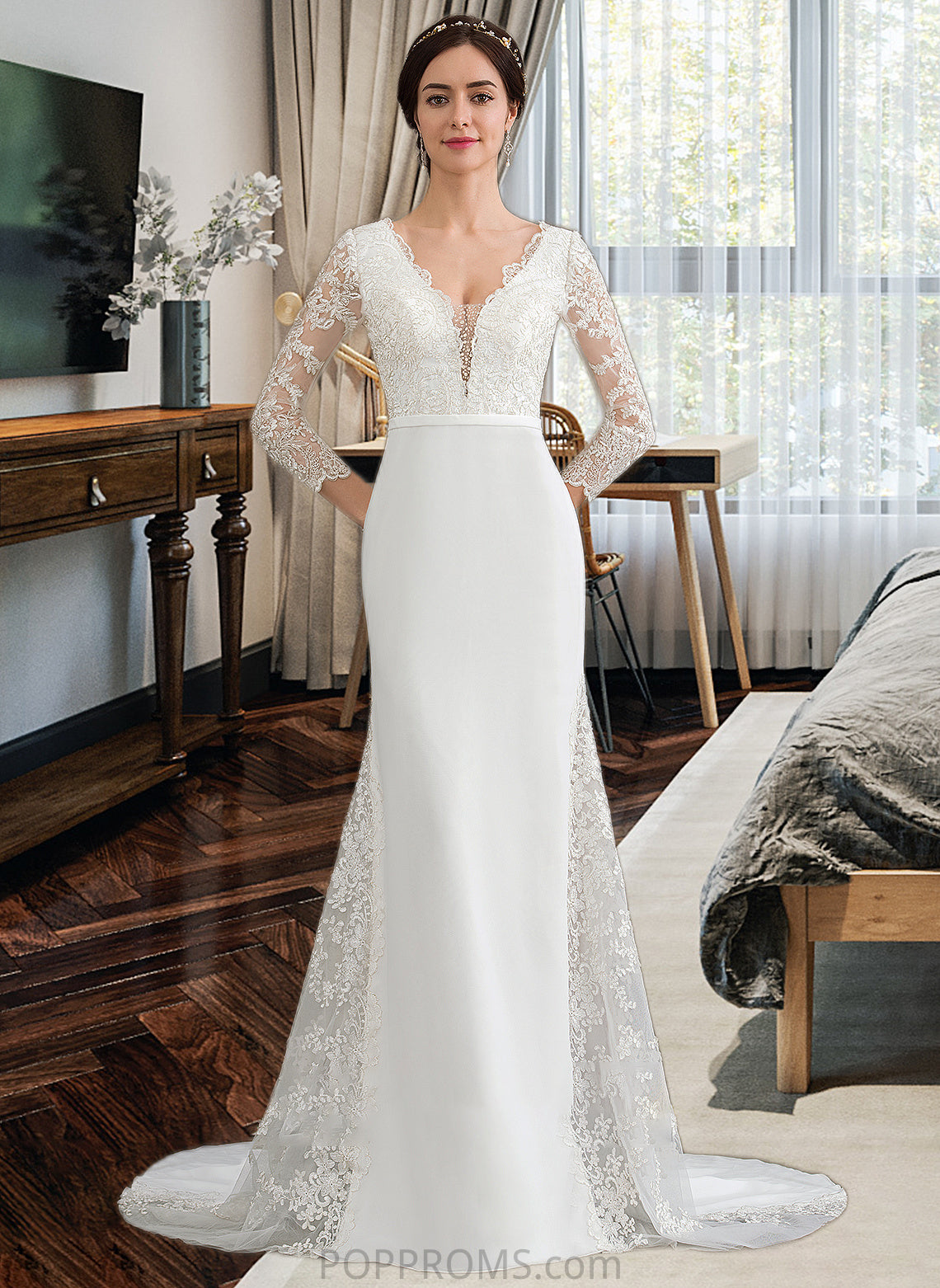 Mollie Trumpet/Mermaid V-neck Chapel Train Chiffon Wedding Dress With Beading Sequins PP6P0013795