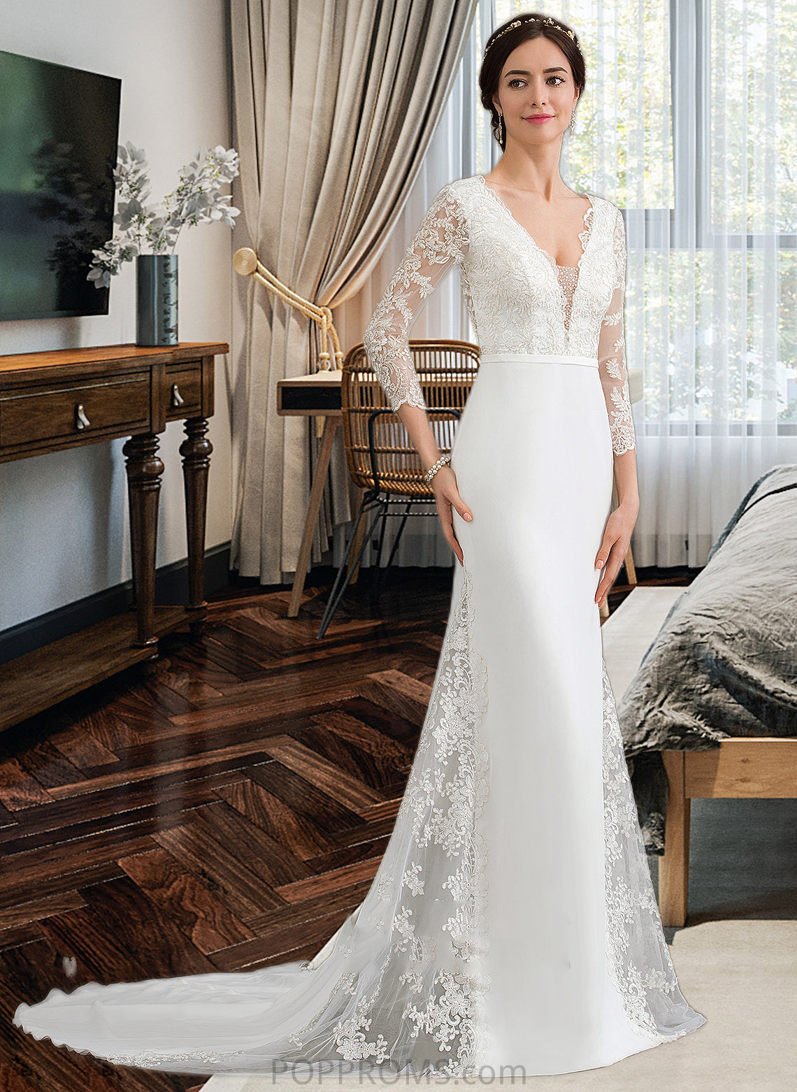 Mollie Trumpet/Mermaid V-neck Chapel Train Chiffon Wedding Dress With Beading Sequins PP6P0013795