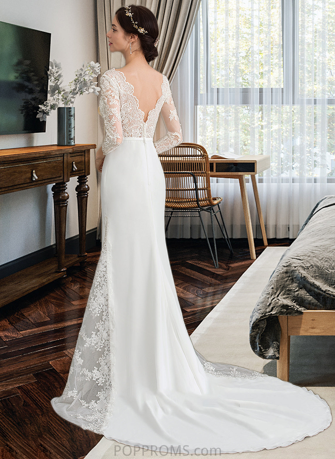 Mollie Trumpet/Mermaid V-neck Chapel Train Chiffon Wedding Dress With Beading Sequins PP6P0013795