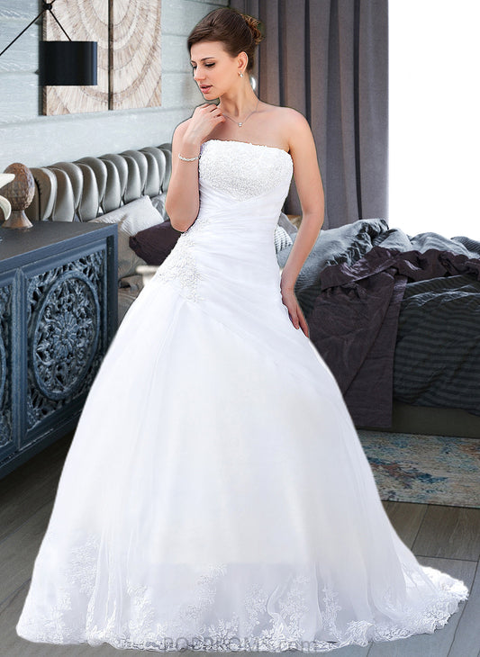 Aimee Ball-Gown/Princess Strapless Chapel Train Satin Organza Wedding Dress With Lace Beading PP6P0013796