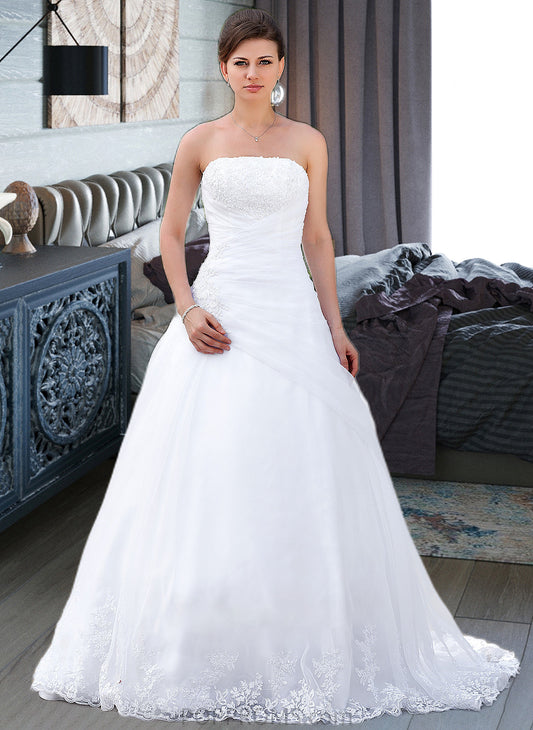 Aimee Ball-Gown/Princess Strapless Chapel Train Satin Organza Wedding Dress With Lace Beading PP6P0013796