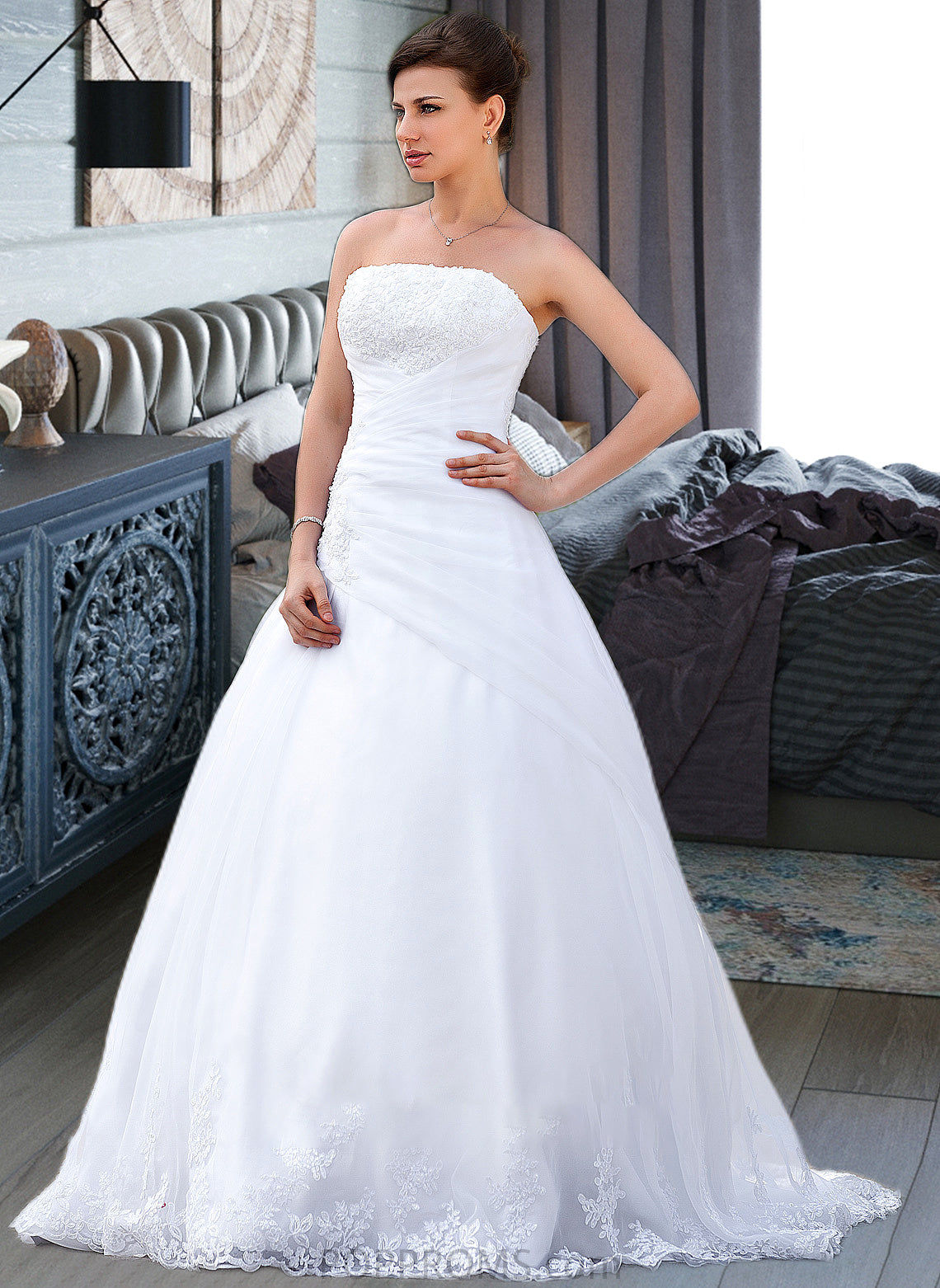 Aimee Ball-Gown/Princess Strapless Chapel Train Satin Organza Wedding Dress With Lace Beading PP6P0013796