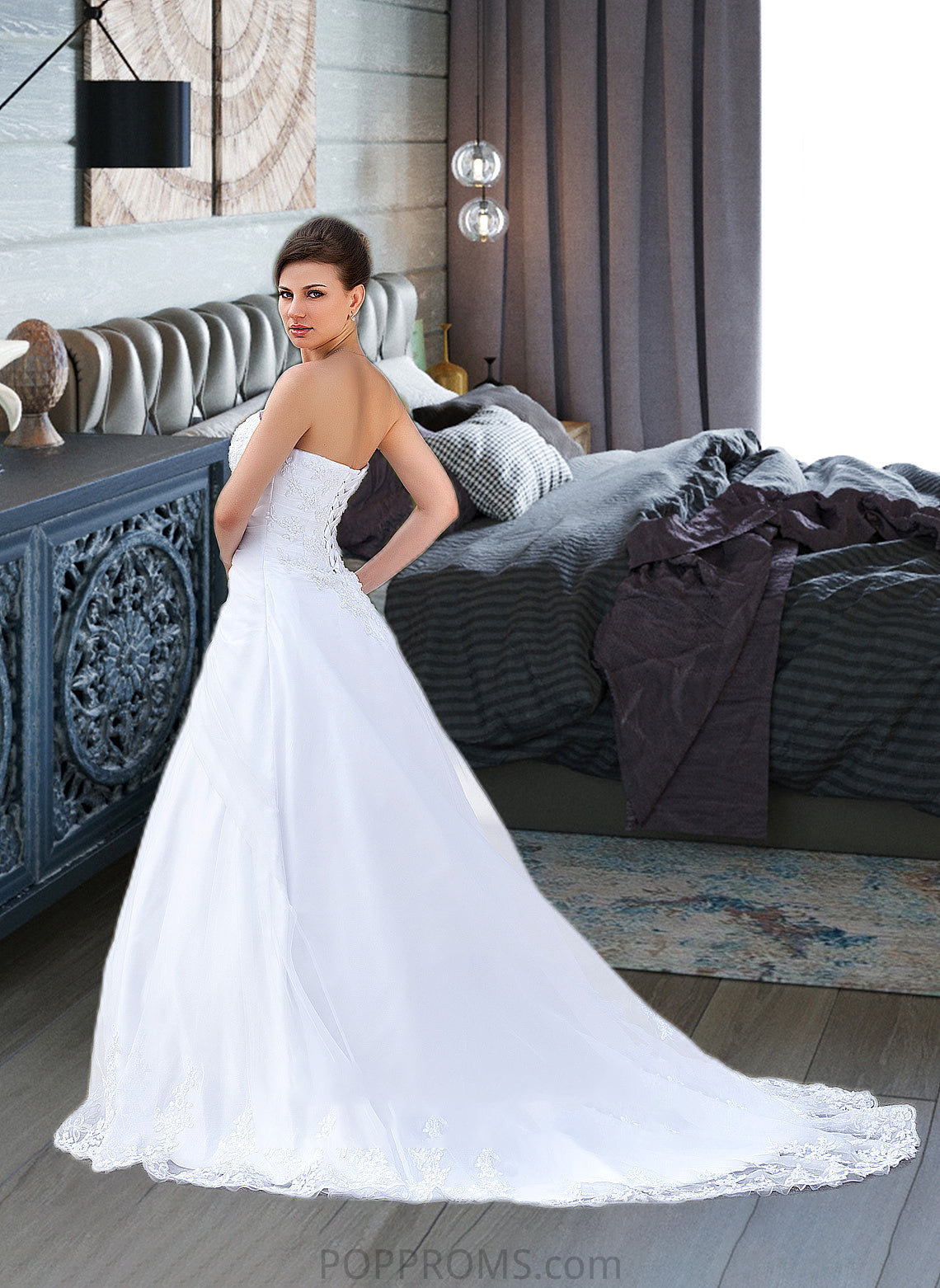 Aimee Ball-Gown/Princess Strapless Chapel Train Satin Organza Wedding Dress With Lace Beading PP6P0013796