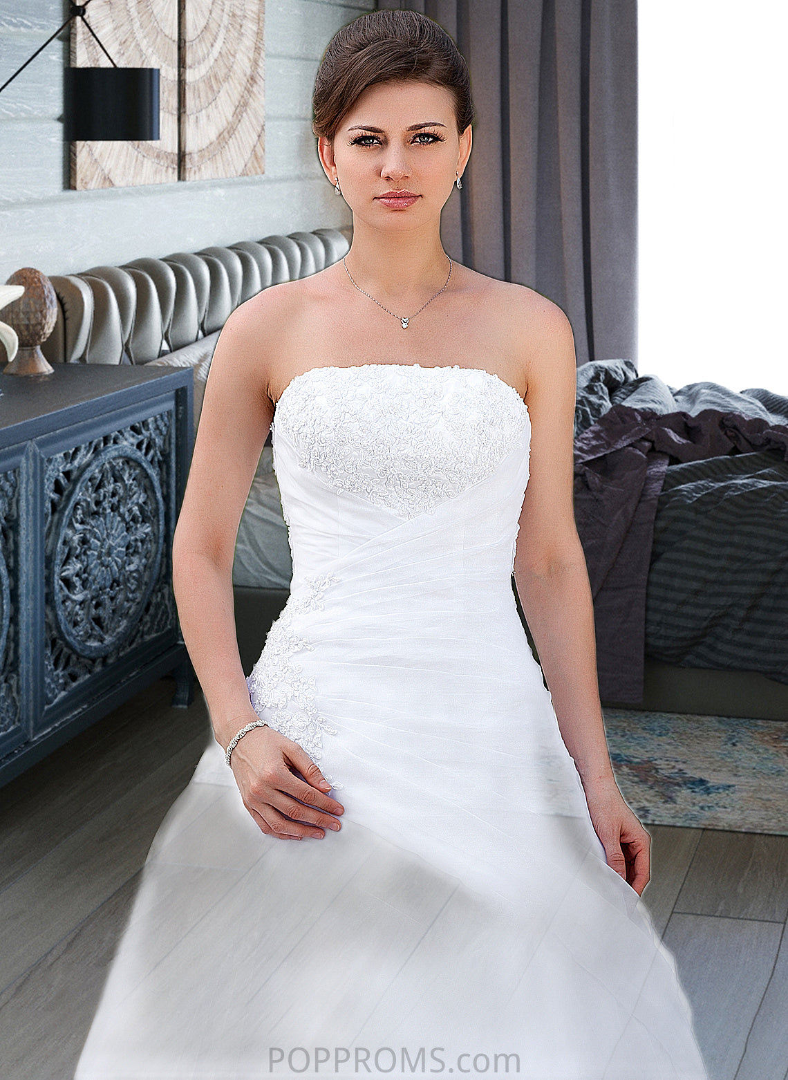 Aimee Ball-Gown/Princess Strapless Chapel Train Satin Organza Wedding Dress With Lace Beading PP6P0013796