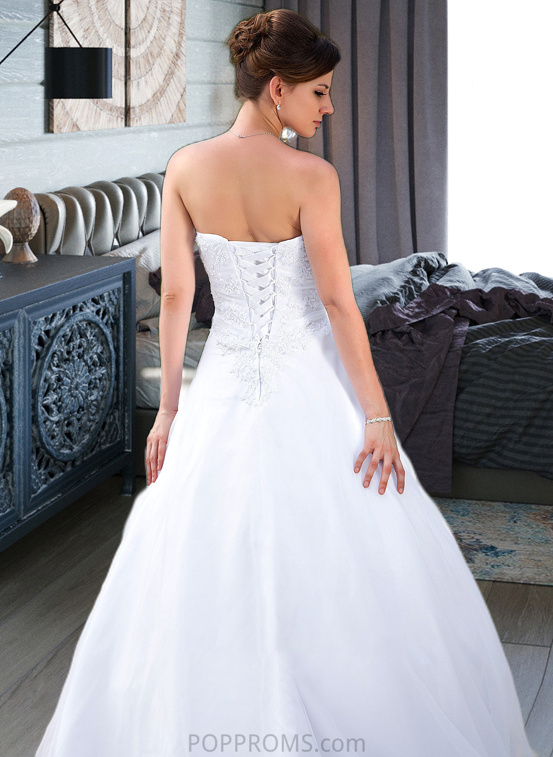 Aimee Ball-Gown/Princess Strapless Chapel Train Satin Organza Wedding Dress With Lace Beading PP6P0013796