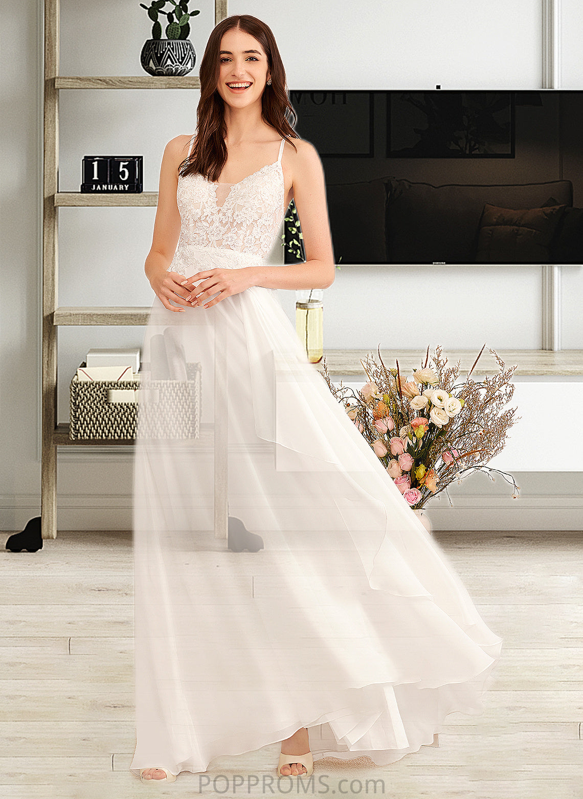 Jayden A-Line V-neck Floor-Length Wedding Dress With Sequins PP6P0013797