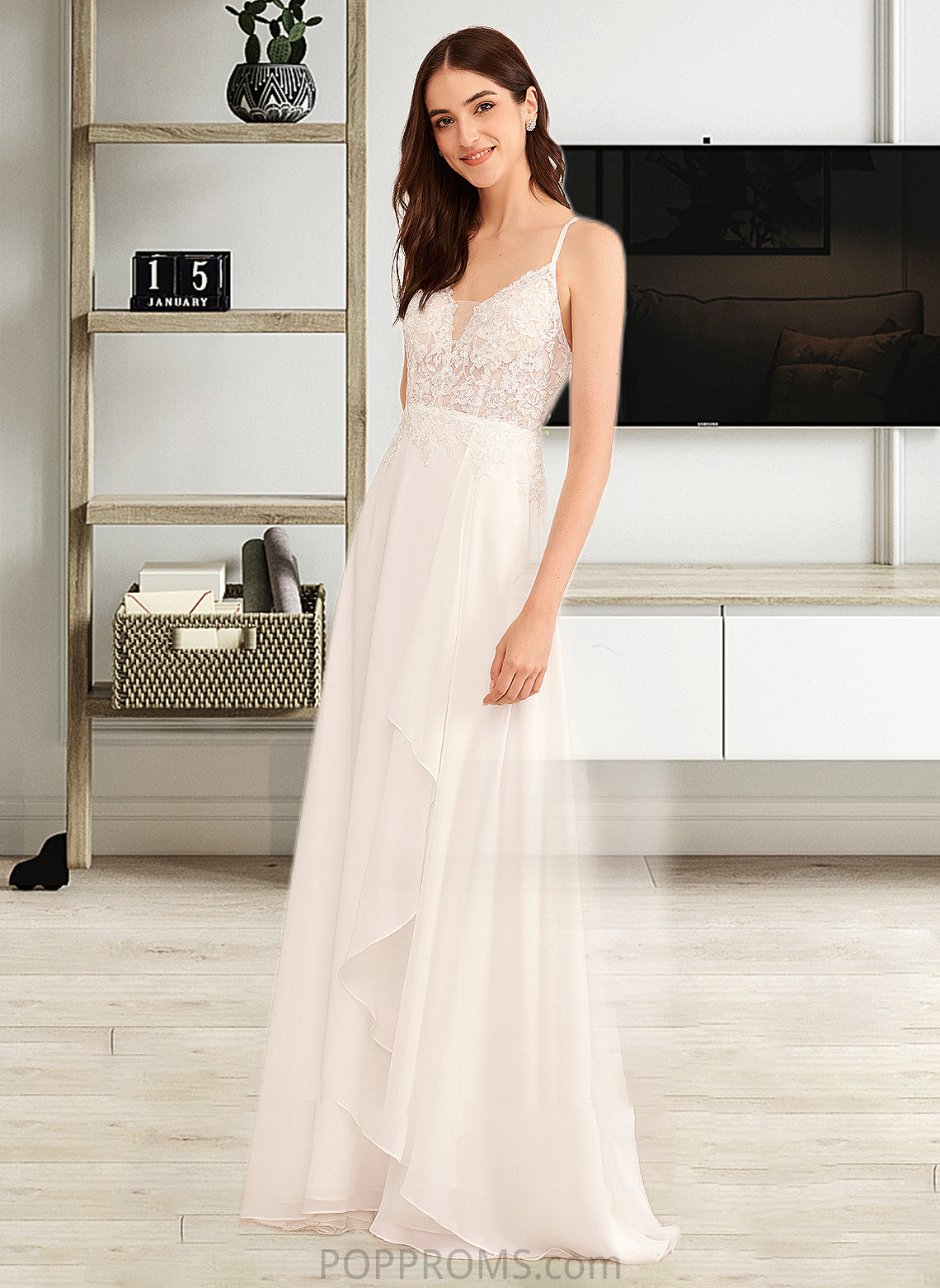 Jayden A-Line V-neck Floor-Length Wedding Dress With Sequins PP6P0013797