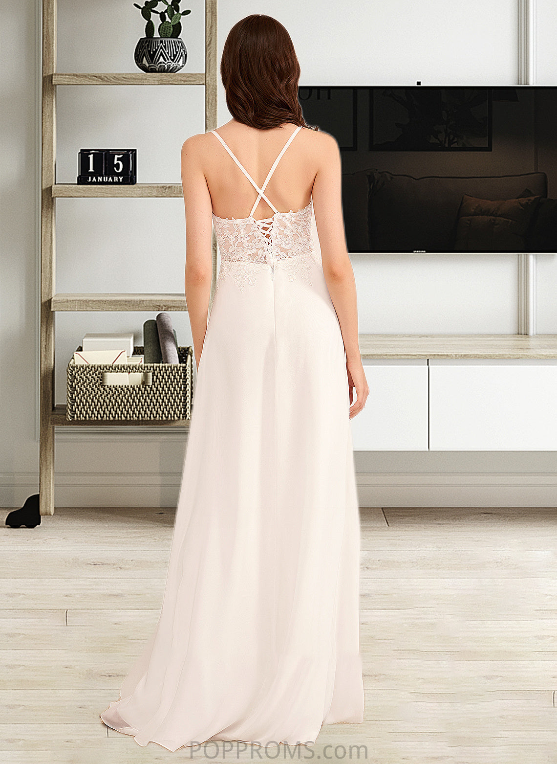 Jayden A-Line V-neck Floor-Length Wedding Dress With Sequins PP6P0013797