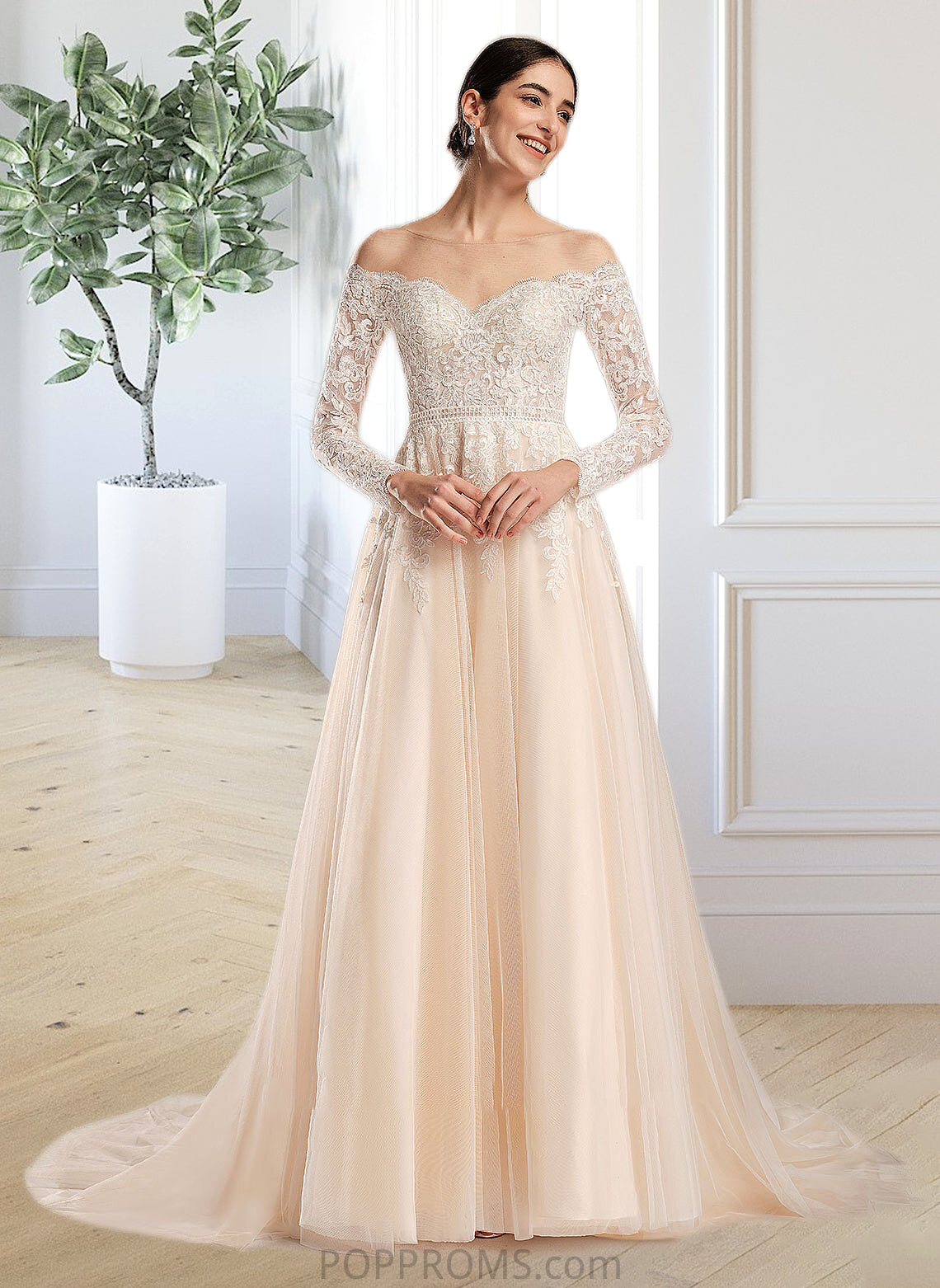 Braelyn Ball-Gown/Princess Illusion Chapel Train Wedding Dress With Sequins PP6P0013798