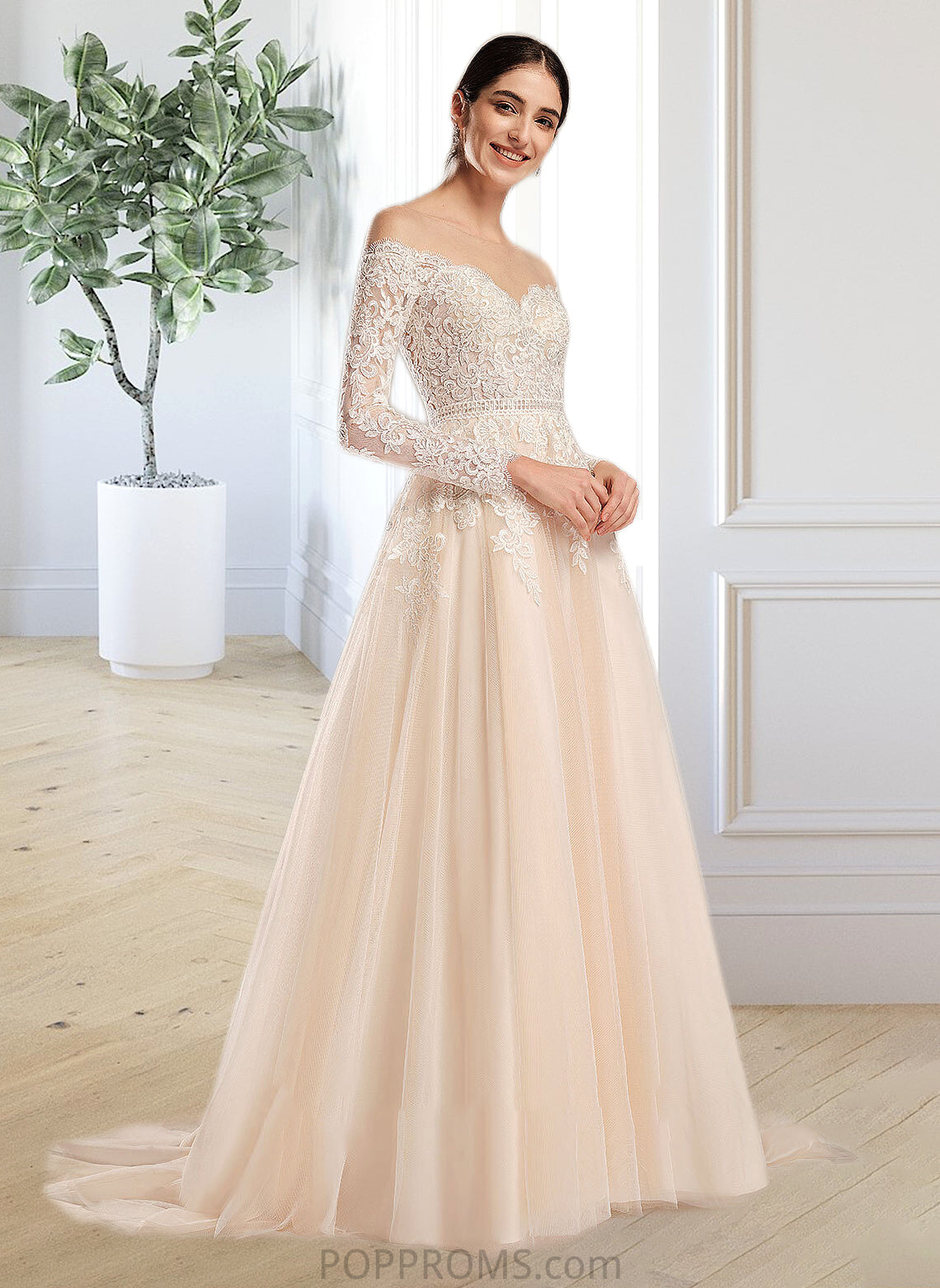 Braelyn Ball-Gown/Princess Illusion Chapel Train Wedding Dress With Sequins PP6P0013798