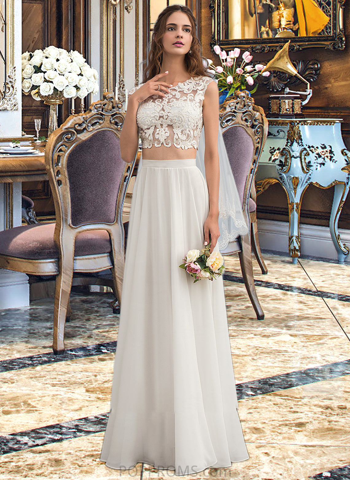 Jaida A-Line Scoop Neck Floor-Length Chiffon Wedding Dress With Beading Sequins PP6P0013799