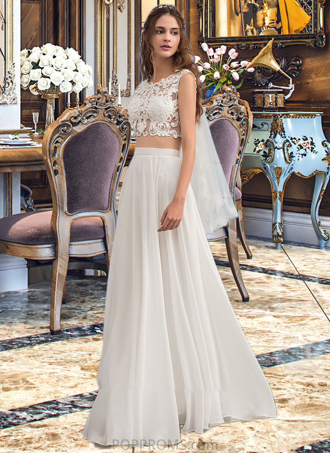 Jaida A-Line Scoop Neck Floor-Length Chiffon Wedding Dress With Beading Sequins PP6P0013799