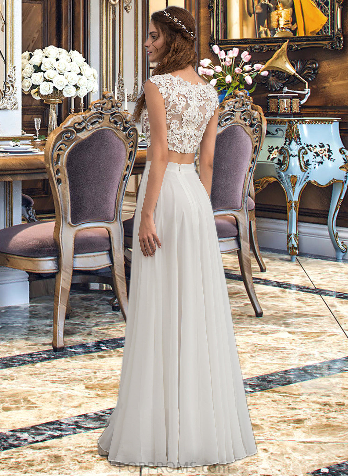 Jaida A-Line Scoop Neck Floor-Length Chiffon Wedding Dress With Beading Sequins PP6P0013799