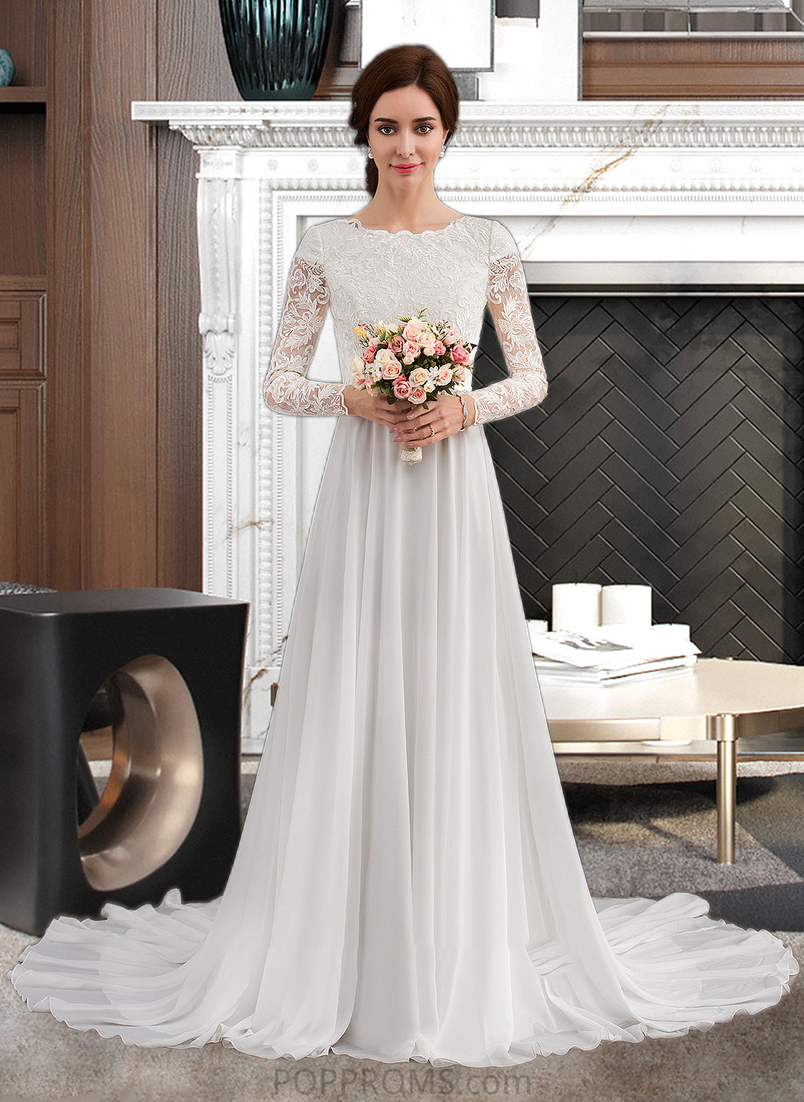 Teresa A-Line Scoop Neck Court Train Chiffon Wedding Dress With Beading PP6P0013800