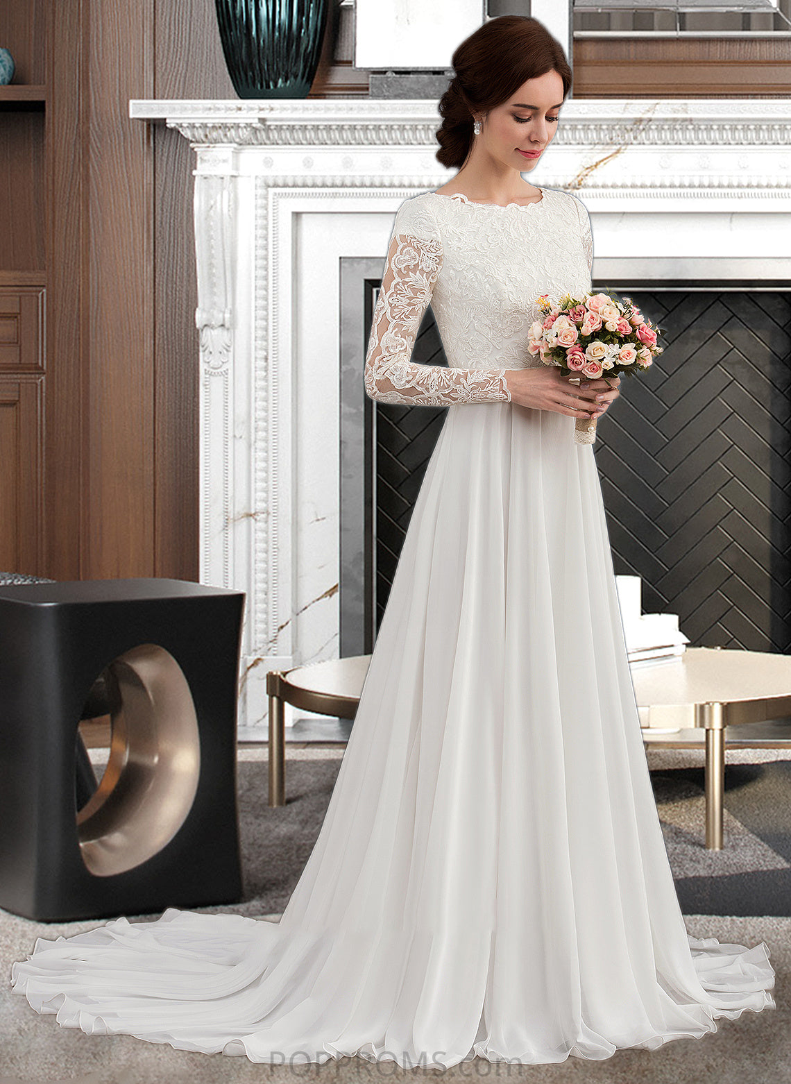 Teresa A-Line Scoop Neck Court Train Chiffon Wedding Dress With Beading PP6P0013800