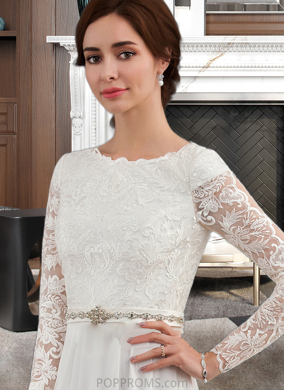 Teresa A-Line Scoop Neck Court Train Chiffon Wedding Dress With Beading PP6P0013800