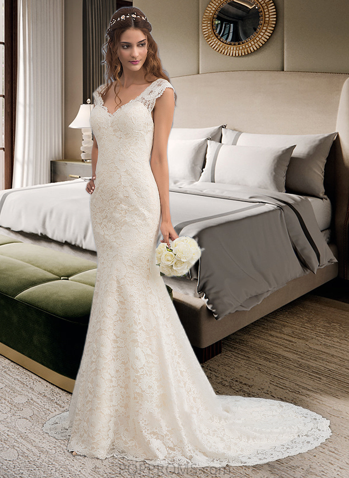 Anabel Trumpet/Mermaid V-neck Court Train Lace Wedding Dress PP6P0013804