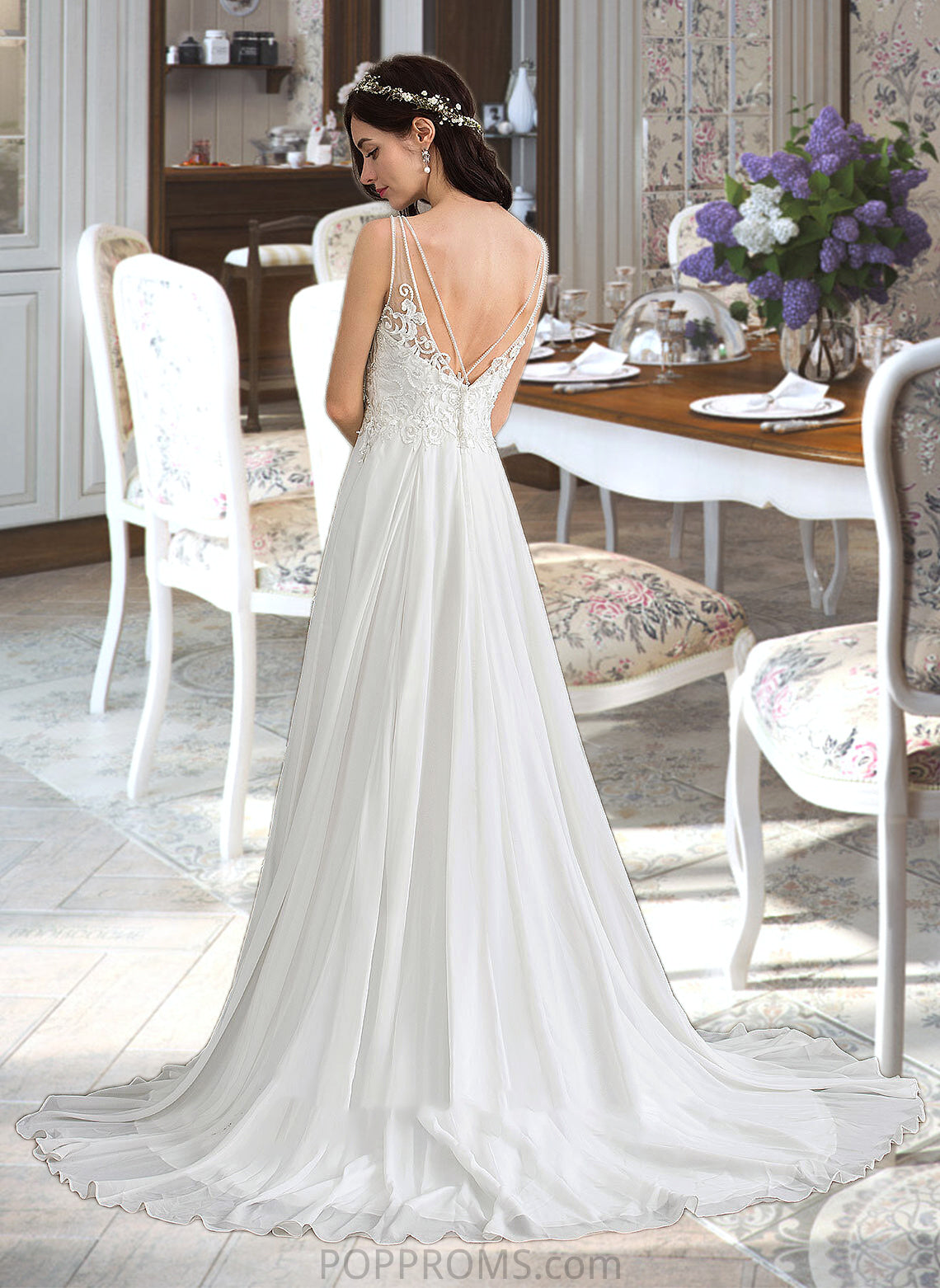 Alicia A-Line V-neck Sweep Train Chiffon Wedding Dress With Beading Sequins Split Front PP6P0013806