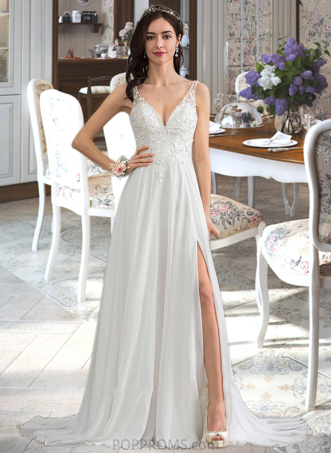 Alicia A-Line V-neck Sweep Train Chiffon Wedding Dress With Beading Sequins Split Front PP6P0013806