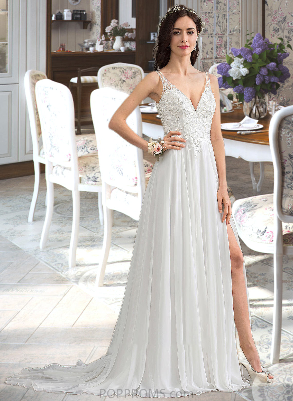 Alicia A-Line V-neck Sweep Train Chiffon Wedding Dress With Beading Sequins Split Front PP6P0013806