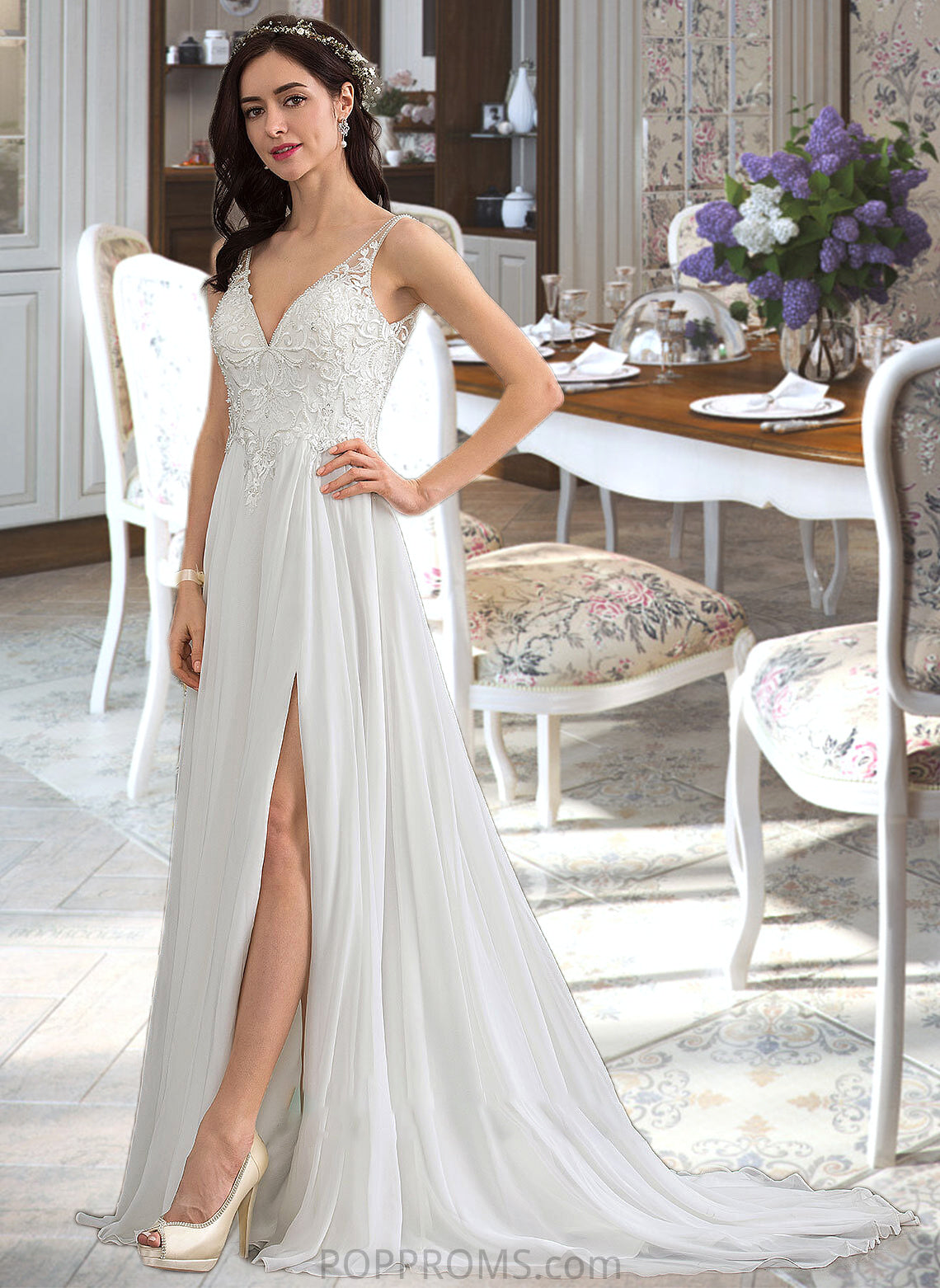 Alicia A-Line V-neck Sweep Train Chiffon Wedding Dress With Beading Sequins Split Front PP6P0013806