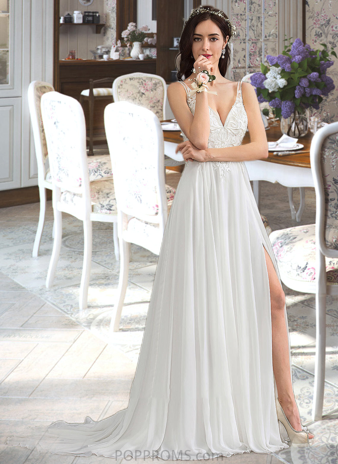 Alicia A-Line V-neck Sweep Train Chiffon Wedding Dress With Beading Sequins Split Front PP6P0013806