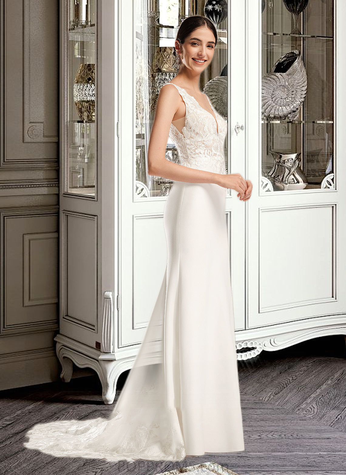 Maliyah Sheath/Column V-neck Court Train Wedding Dress With Sequins PP6P0013807