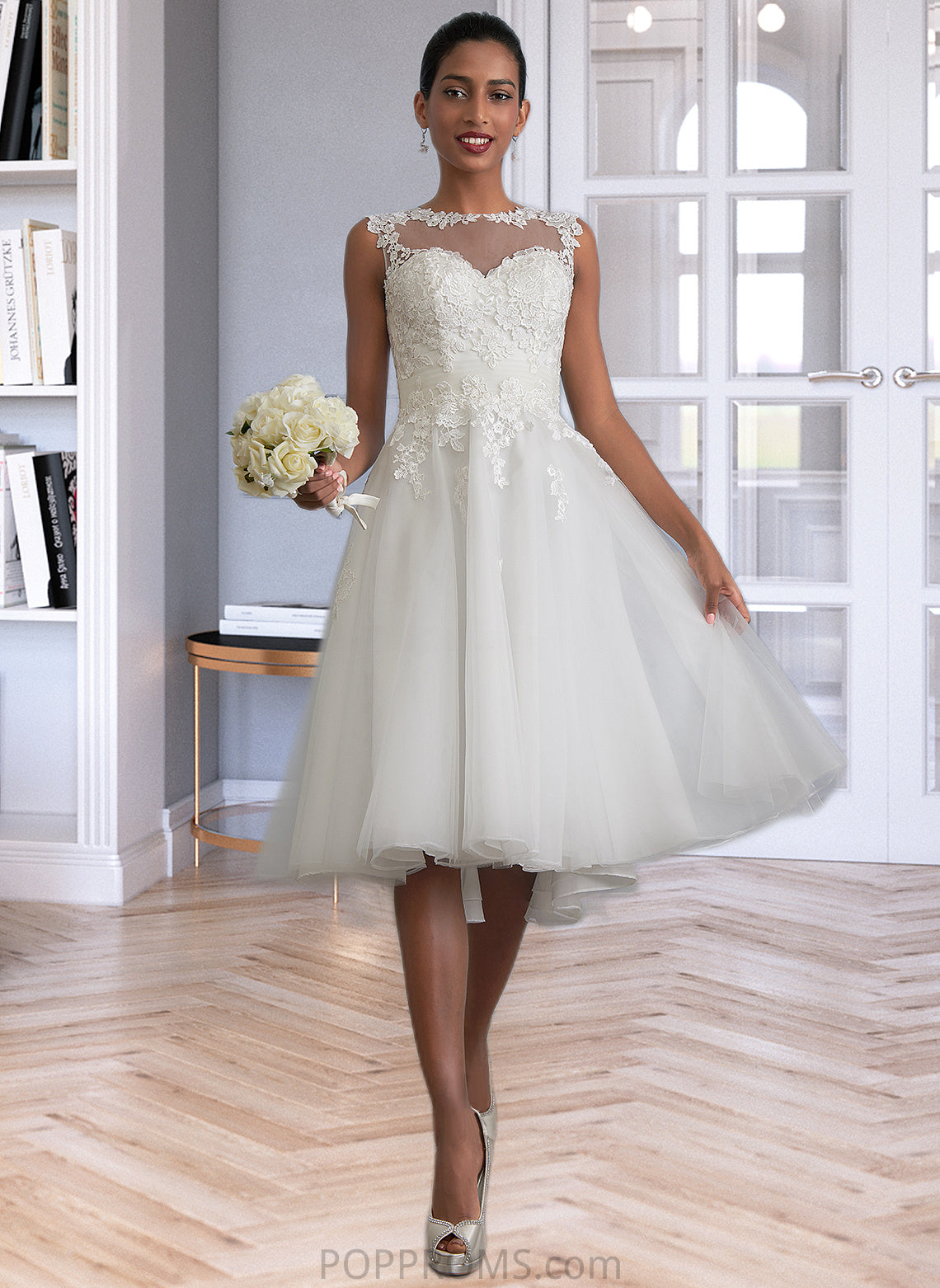 Shania A-Line Illusion Asymmetrical Tulle Wedding Dress With Ruffle PP6P0013808