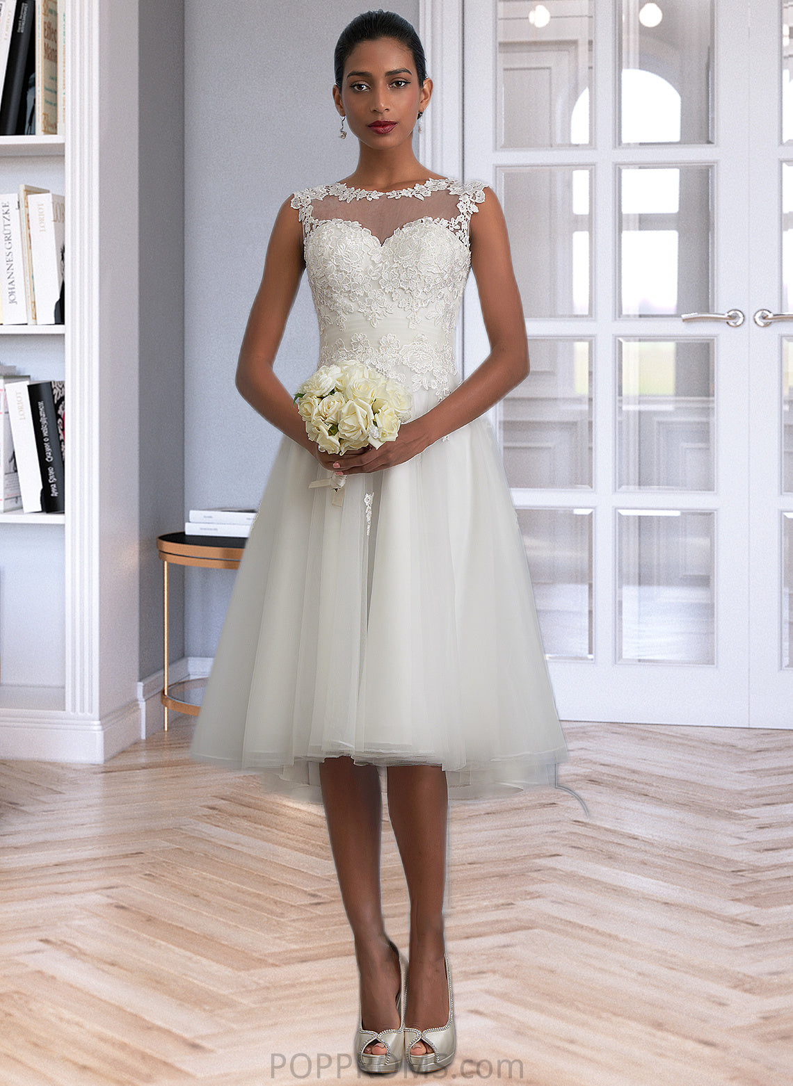 Shania A-Line Illusion Asymmetrical Tulle Wedding Dress With Ruffle PP6P0013808