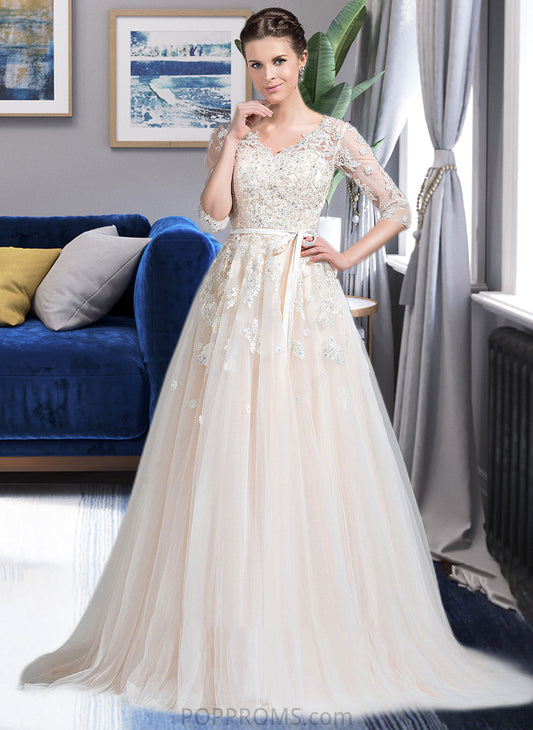 Danica Ball-Gown/Princess V-neck Court Train Tulle Wedding Dress With Beading Appliques Lace Sequins Bow(s) PP6P0013809